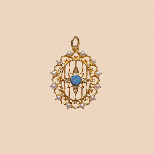 Solid Gold Natural Opal & Diamond "Elipse" Pendant