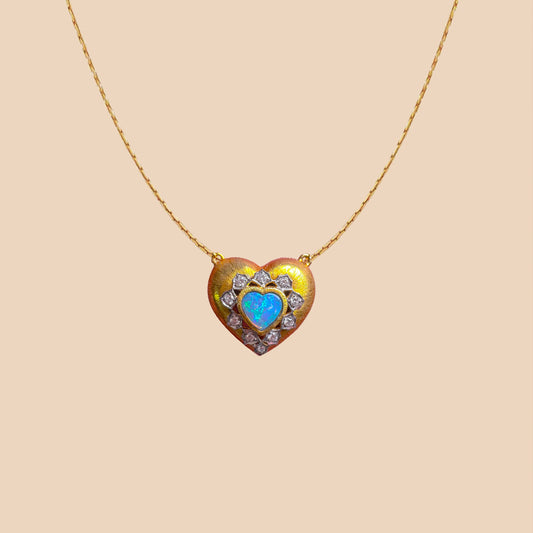 Solid Gold Natural Opal & Diamond "Amore" Necklace
