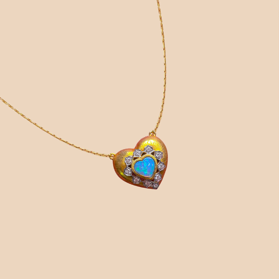 Solid Gold Natural Opal & Diamond "Amore" Necklace