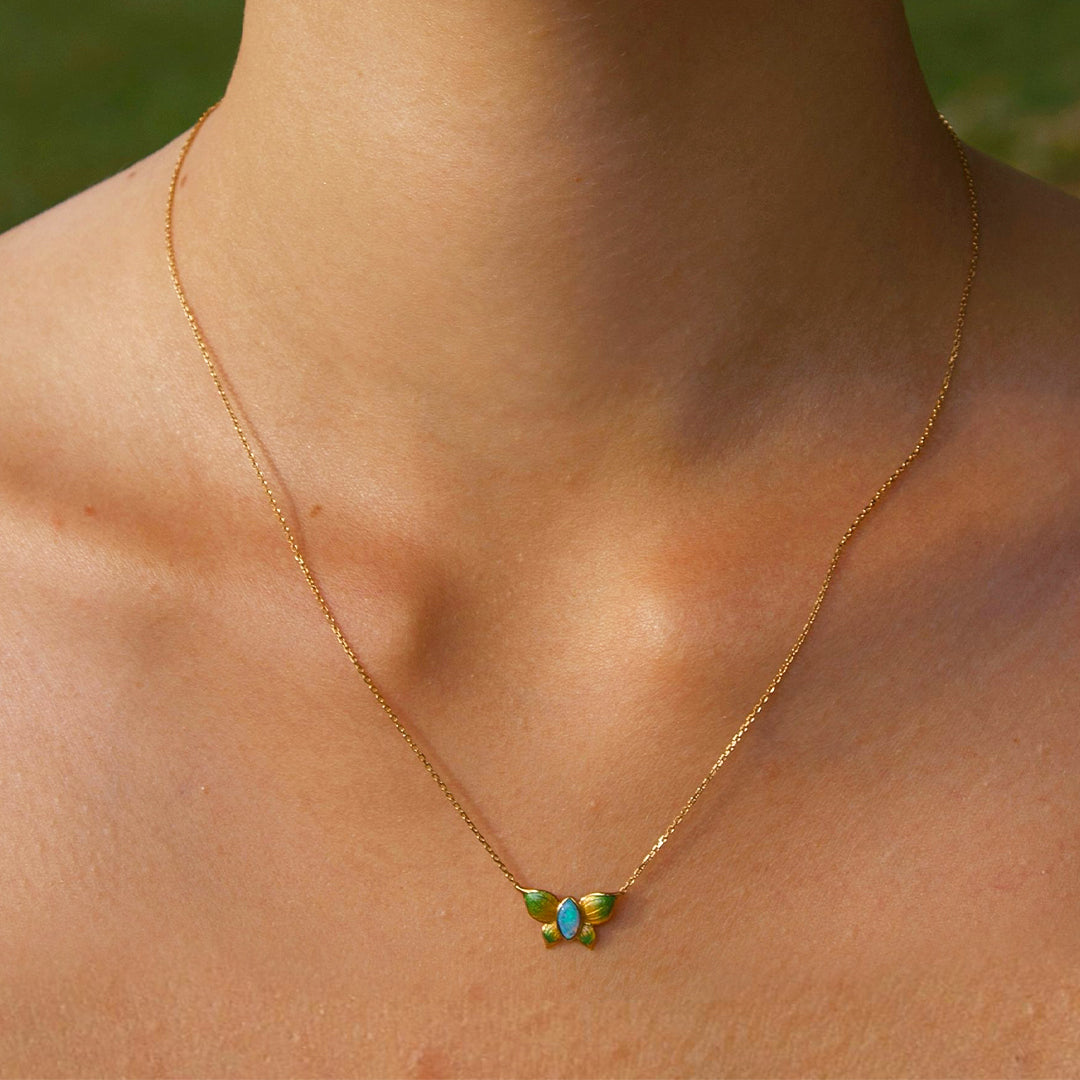 Solid Gold Natural Opal "Papillon" Necklace