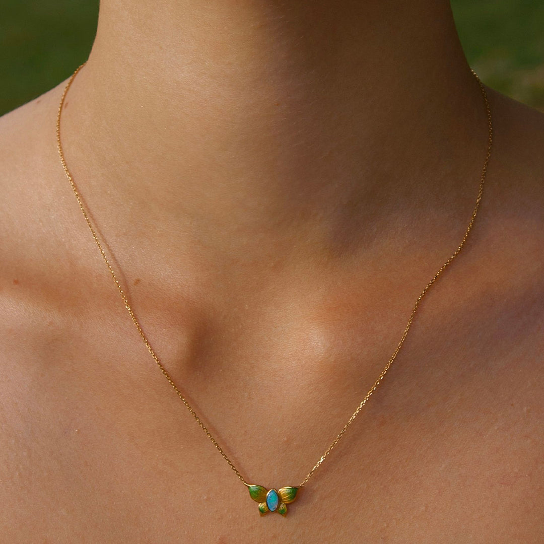 Solid Gold Natural Opal "Papillon" Necklace