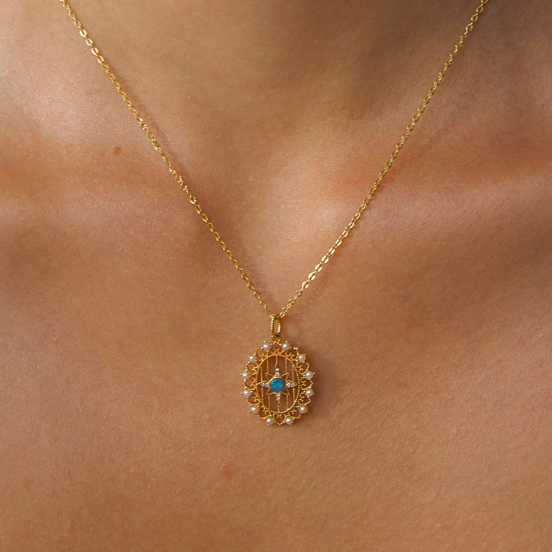 Solid Gold Natural Opal & Diamond "Elipse" Pendant