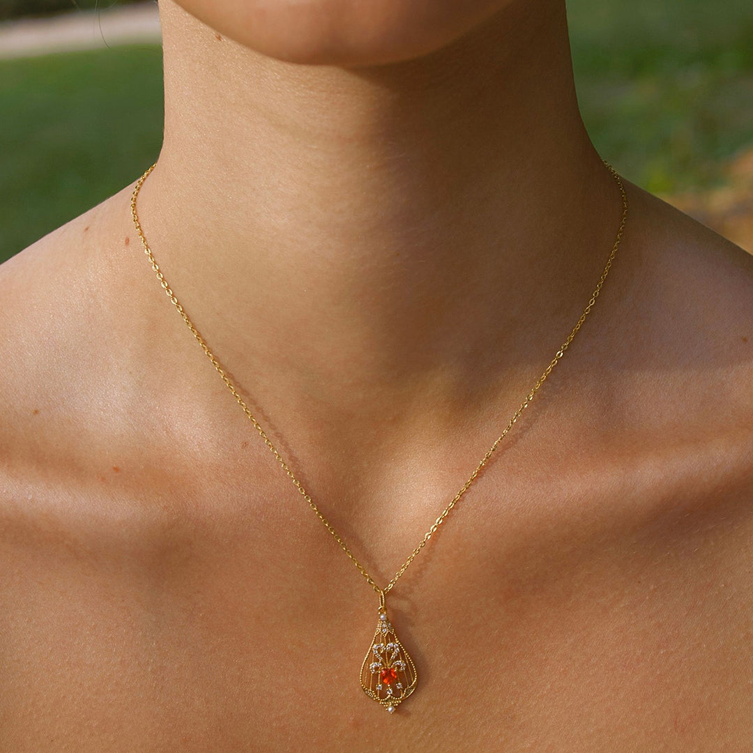 Solid Gold Natural Fire Opal & Diamond "Lacrima" Pendant