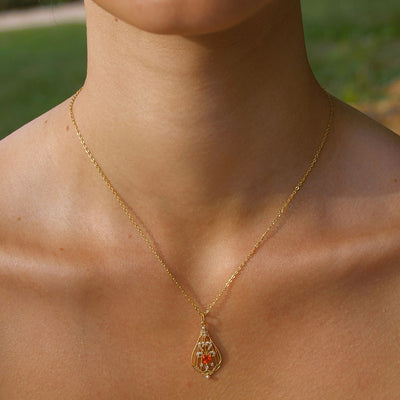 Solid Gold Natural Fire Opal & Diamond 