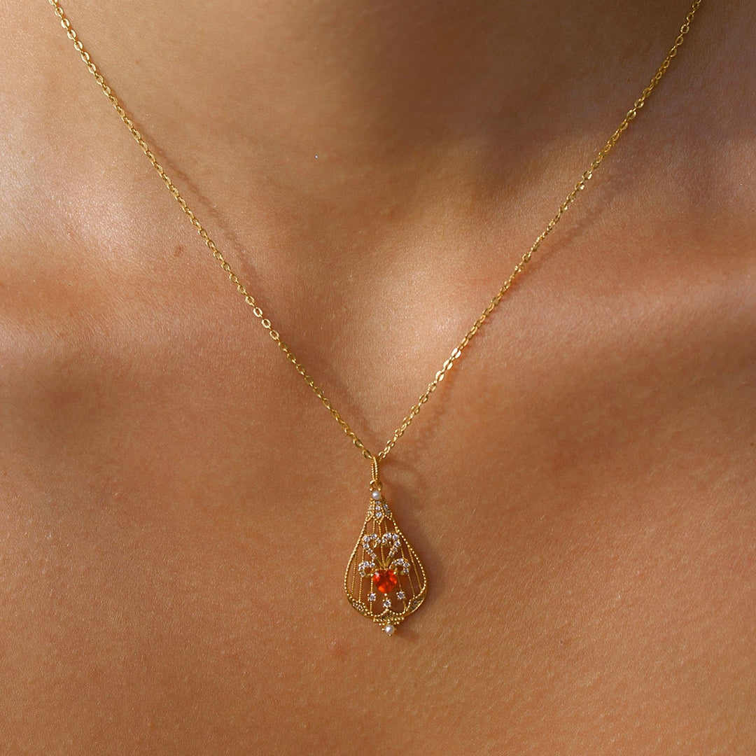 Solid Gold Natural Fire Opal & Diamond "Lacrima" Pendant
