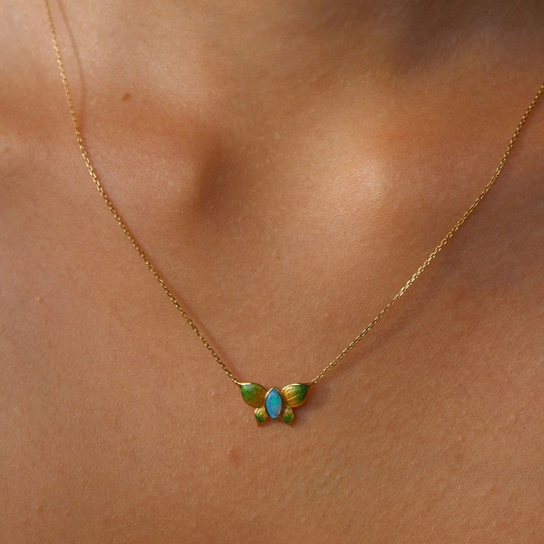 Solid Gold Natural Opal "Papillon" Necklace