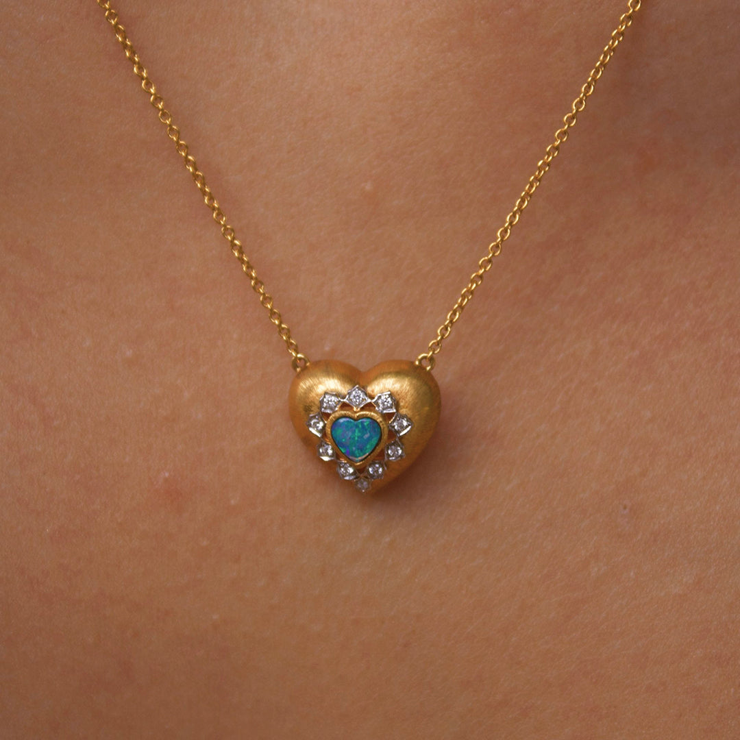 Solid Gold Natural Opal & Diamond "Amore" Necklace