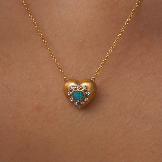 Solid Gold Natural Opal & Diamond "Amore" Necklace