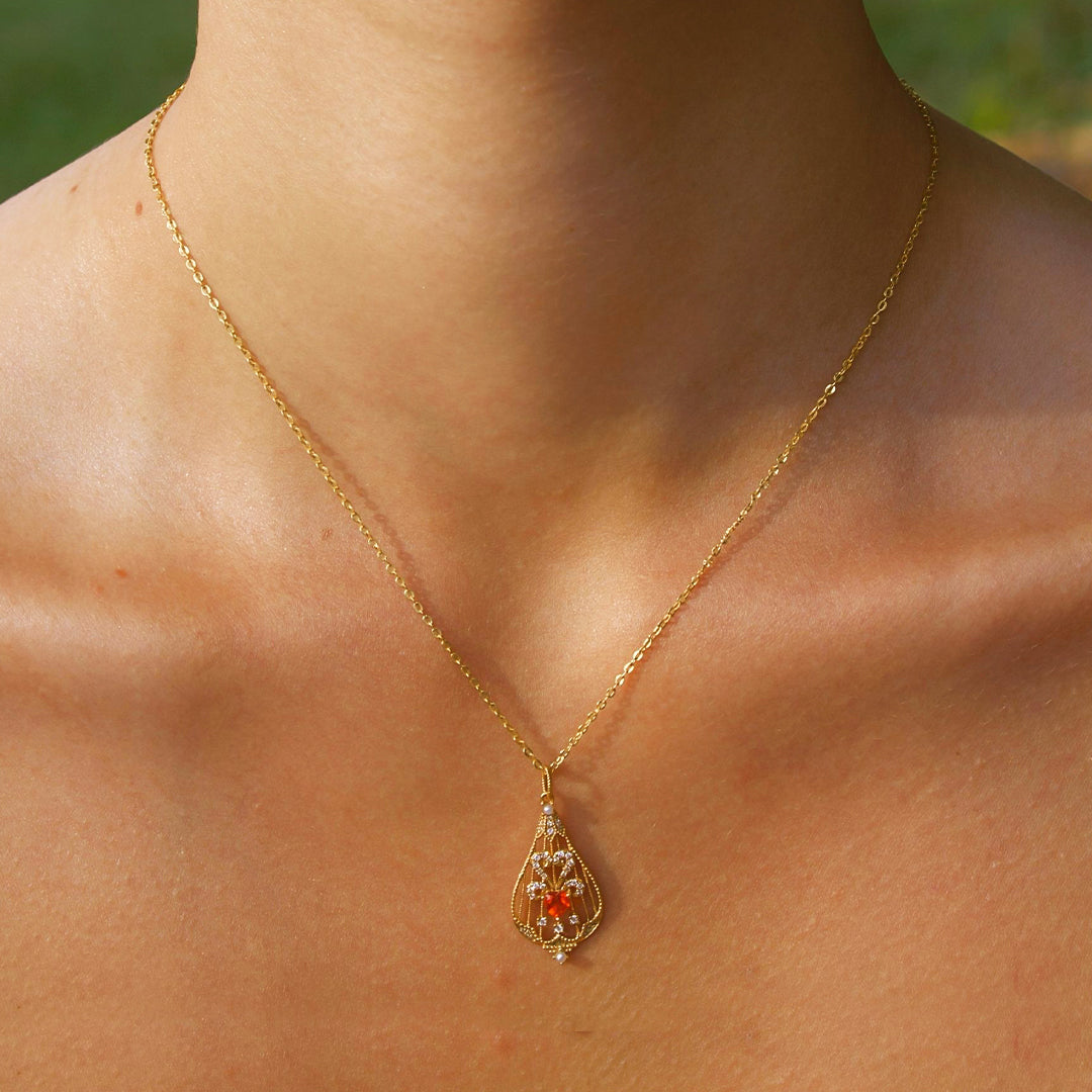 Solid Gold Natural Fire Opal & Diamond "Lacrima" Pendant