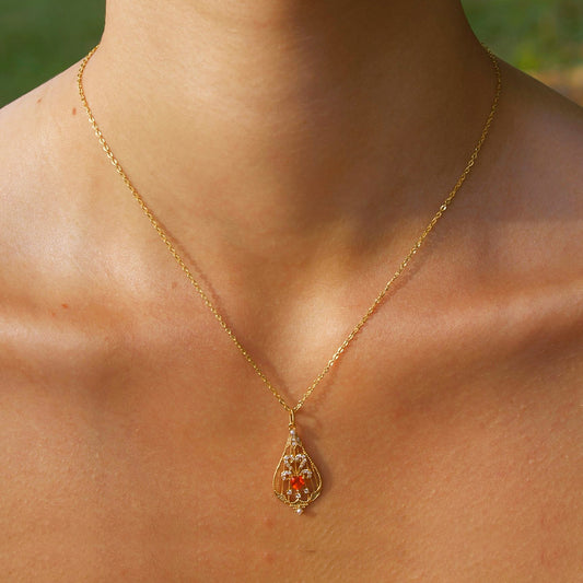 Solid Gold Natural Fire Opal & Diamond "Lacrima" Pendant