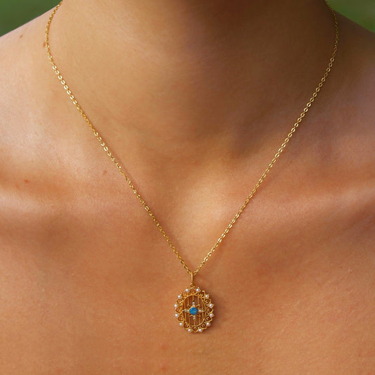 Solid Gold Natural Opal & Diamond "Elipse" Pendant