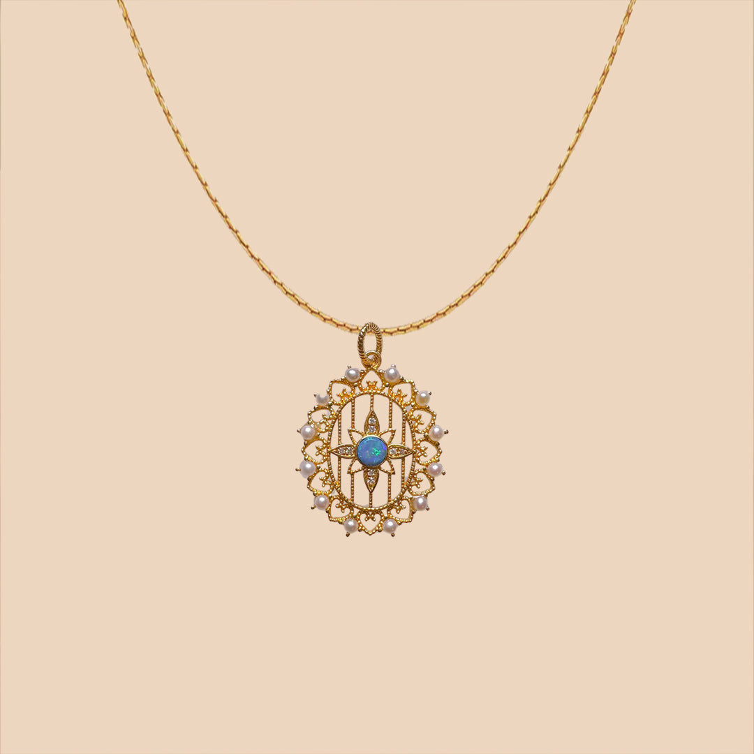 Solid Gold Natural Opal & Diamond "Elipse" Pendant